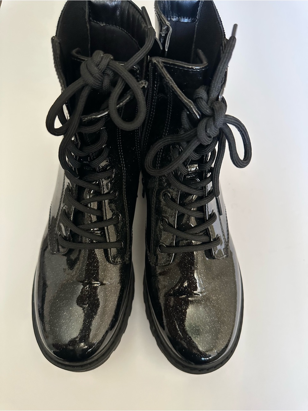 Girls Black Glossy Lace-Up Combat Boots
